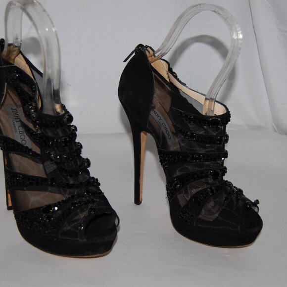 US8.5❤️ Jimmy Choo Black Suede High Heels Ankle Crystal Platform Boots ITALY - Picture 11 of 15
